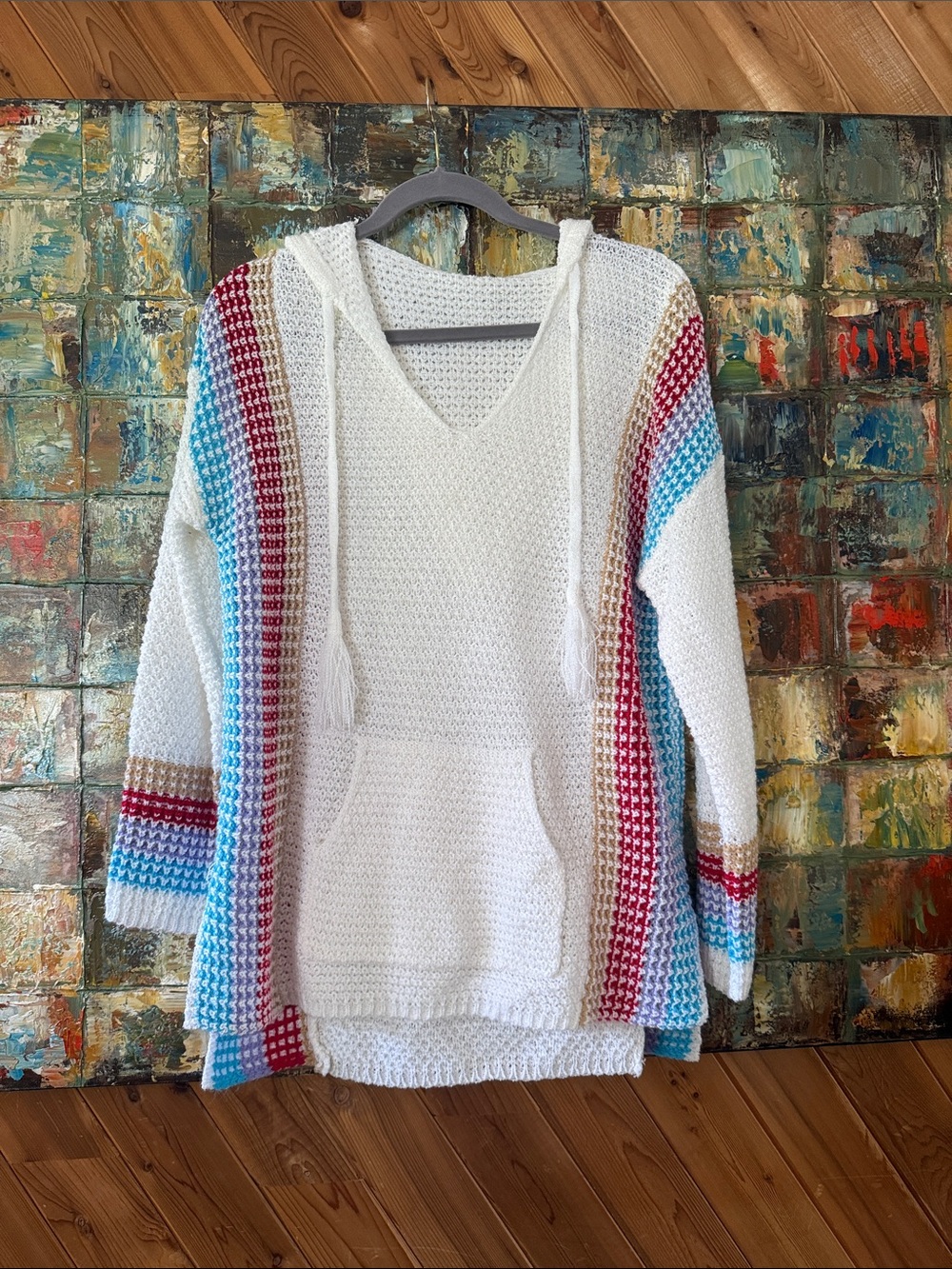 Women’s White Crochet Hooded Sweater with Multicolor Stripe Accents